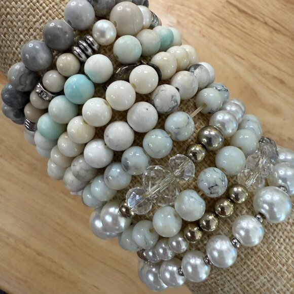 White Beaded Stretch Bracelet Stack Set Of 10 For Women Wearable Or Craft - Picture 4 of 13